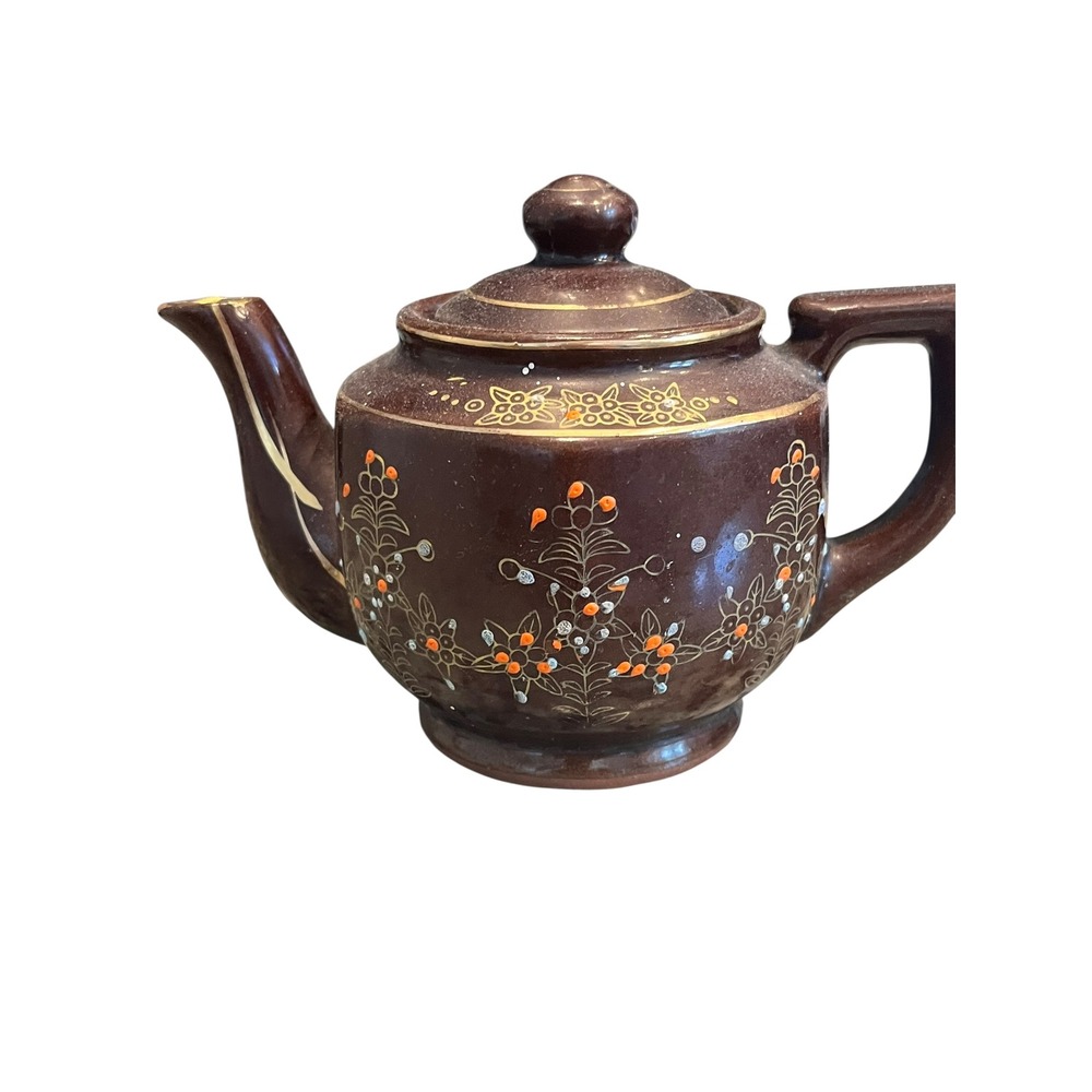 Vintage Japanese Brown Glazed Teapot Hand Painted Floral Gold Trim Made in Japan